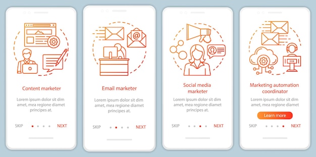 Специальности цифрового маркетинга оранжевый векторный шаблон экрана страницы мобильного приложения координатор пошагового руководства по веб-сайту с линейными иллюстрациями концепция интерфейса смартфона ux ui gui