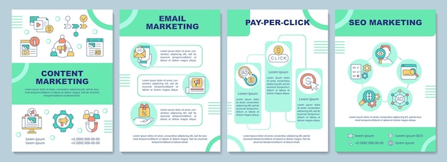 Modello di brochure verde strategie di marketing digitale. design di stampa opuscolo con icone lineari. layout vettoriali per presentazioni, relazioni annuali, annunci. sono stati utilizzati caratteri arial-black, myriad pro-regular