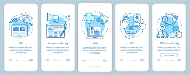 디지털 마케팅 전술 블루 온보딩 모바일 앱 페이지 화면 벡터 템플릿. 선형 삽화가 있는 SEO, SMM, PPC 연습 웹 사이트 단계. UX, UI, GUI 스마트폰 인터페이스 개념