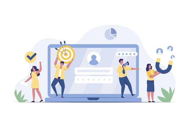 digital marketing team with laptops  business analytics and customer targeting web banner