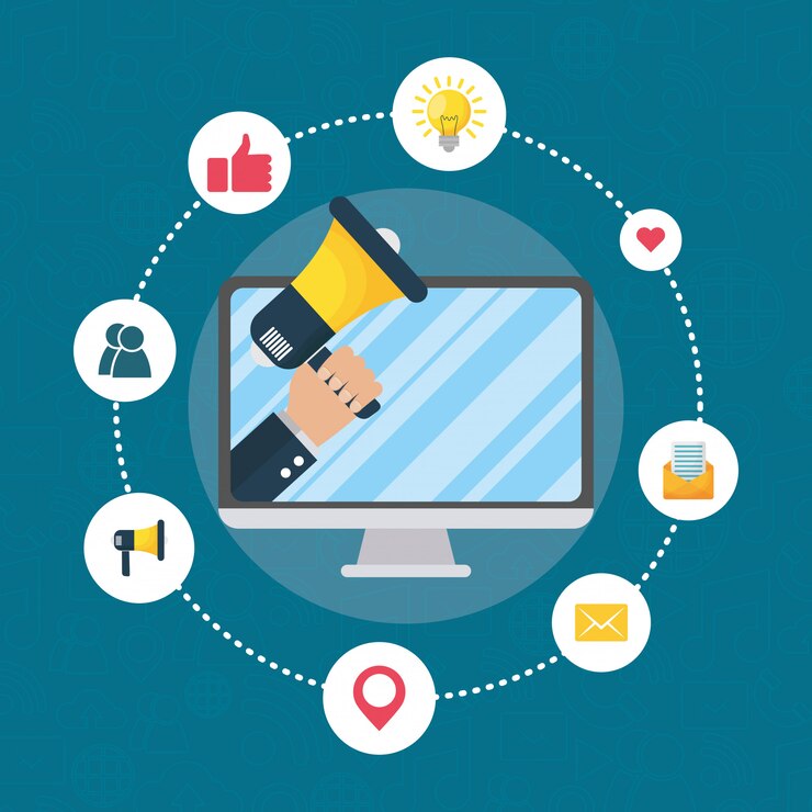 वेक्टर digital marketing tech with desktop and megaphone