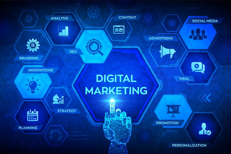 Vector digital marketing technology concept on virtual screen. robotic hand touching digital interface.