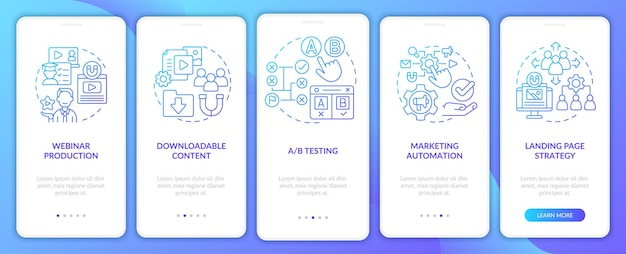 Tipi di marketing digitale gradiente blu onboarding schermata dell'app mobile procedura dettagliata dell'annuncio 5 passaggi pagine di istruzioni grafiche con concetti lineari modello gui ui ux myriad probold font regolari utilizzati