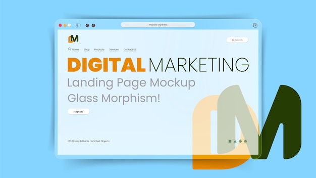 Vettore mockup della pagina di destinazione del sito web di marketing digitale con morfismo di vetro 3d sullo sfondo blu cielo chiaro