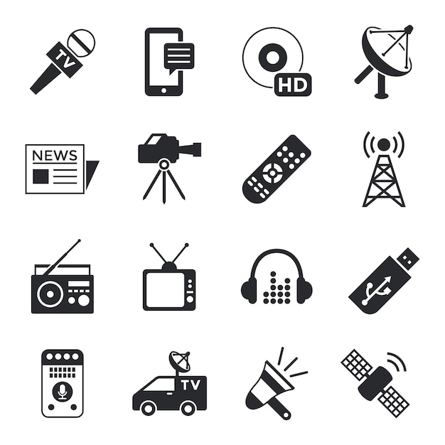 Digital mass media objects color simple flat icons collection