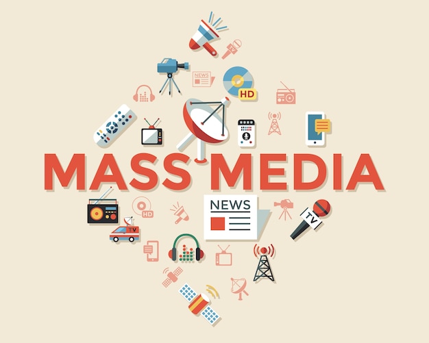 Digital mass media objects color simple flat icons collection