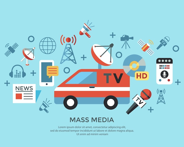Digital mass media objects color simple flat icons collection