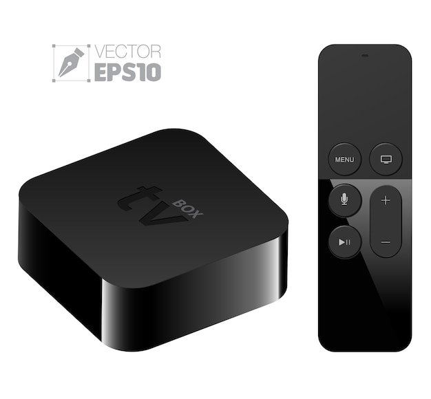 Vettore box di installazione del lettore multimediale digitale con stile apple tv remoto