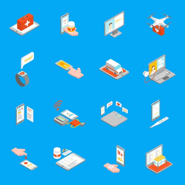 Vector digital medicine 3d icons set isometric view vector