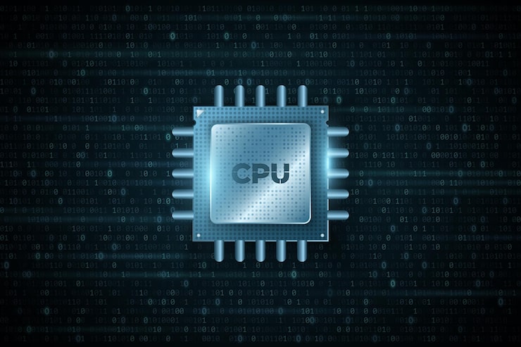 Vector digital microchip cpu on background of binary code. futuristic high performance processor. big data. software engineering. database, processign concept. vector illustration
