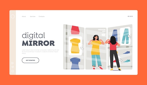 Вектор Шаблон целевой страницы digital mirror новые технологии моды женский персонаж в интернет-магазине интернет-магазины