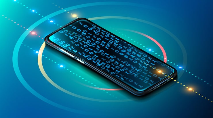 Vector 디지털 모바일 기술. 모바일 프로그래밍의 바이너리 코드가있는 장치