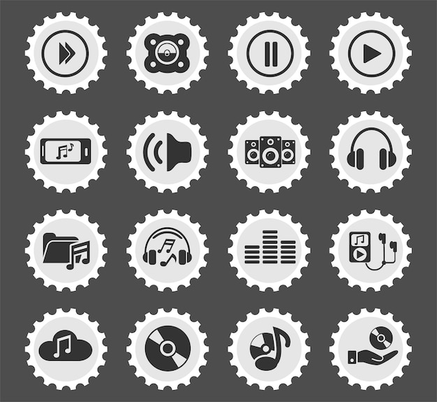 Цифровые музыкальные символы на круглых почтовых марках, стилизованных под значки