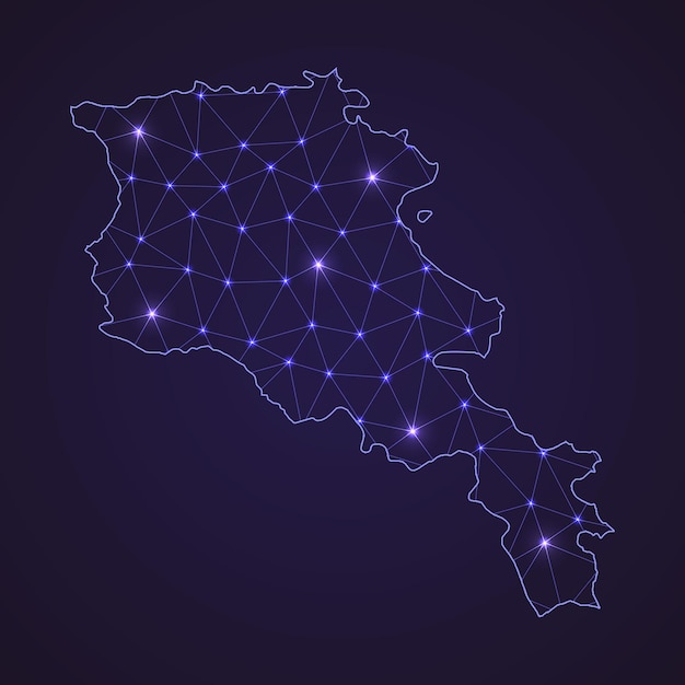 아르메니아의 디지털 네트워크 지도입니다. 추상 연결 라인과 어두운 배경에 점