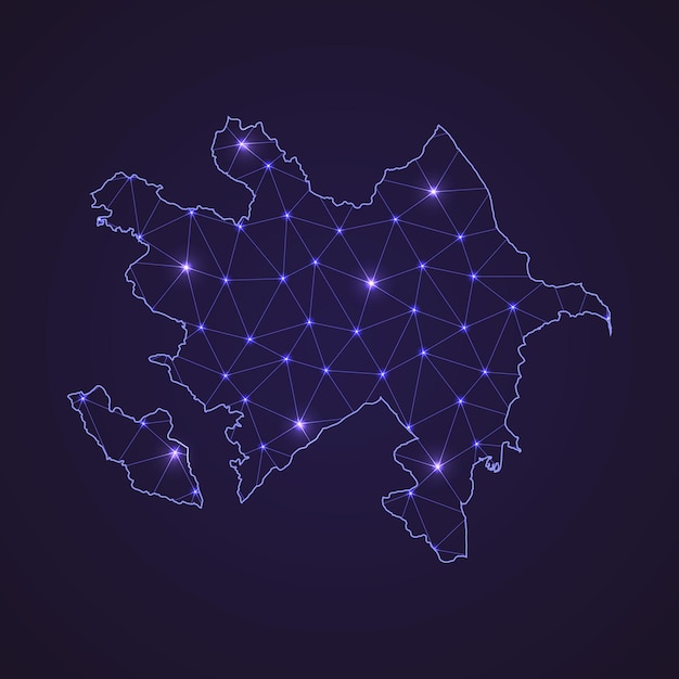 아제르바이잔의 디지털 네트워크 지도입니다. 추상 연결 라인과 어두운 배경에 점