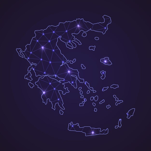 ギリシャのデジタルネットワークマップ。暗い背景に抽象的な接続線とドット