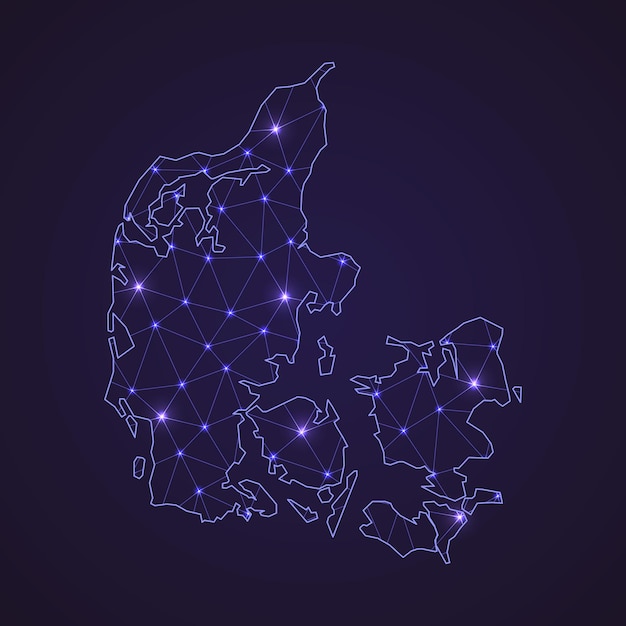Цифровая сетевая карта дании. абстрактные соединяют линию и точку на темном фоне