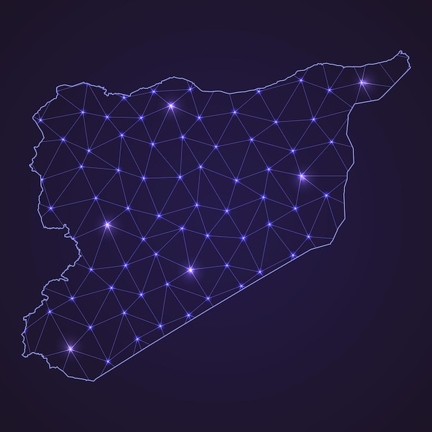 シリアのデジタルネットワークマップ。暗い背景に抽象的な接続線とドット