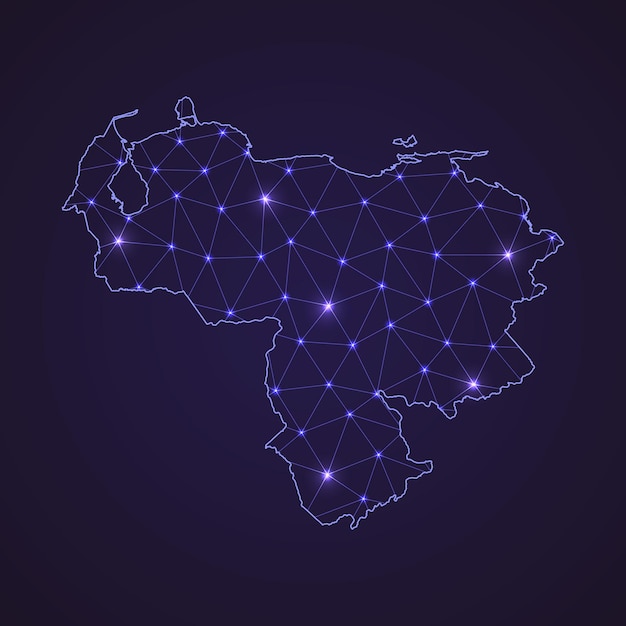 베네수엘라의 디지털 네트워크 지도입니다. 추상 연결 라인과 어두운 배경에 점