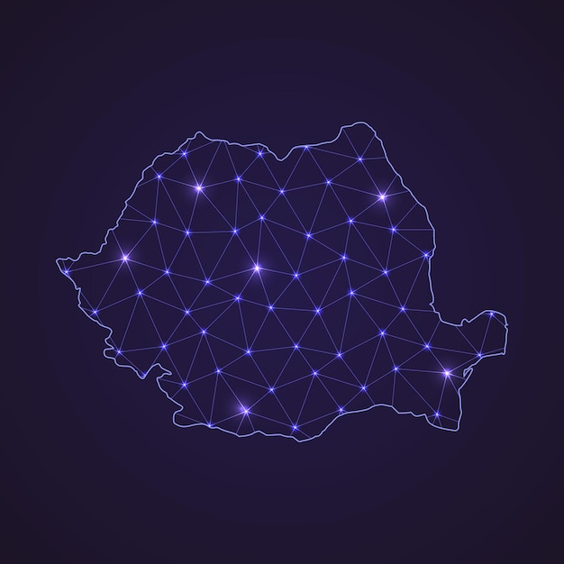 Mappa della rete digitale della romania. linea di connessione astratta e punto su sfondo scuro