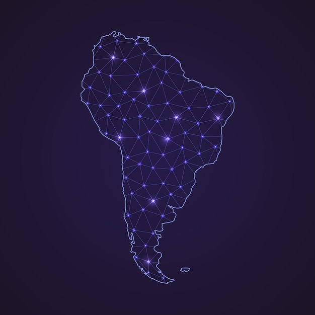 Digital network map of South America. Abstract connect line and dot on dark background