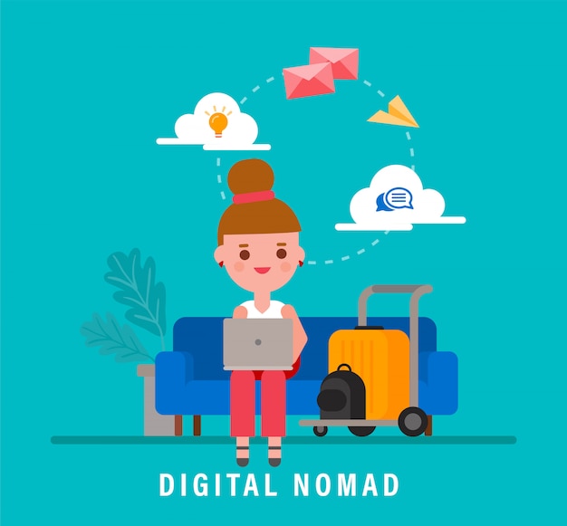 Illustrazione di concetto di nomadi digitali. giovane adulto che lavora con il computer portatile durante il viaggio. personaggio dei cartoni animati di vettore design piatto.