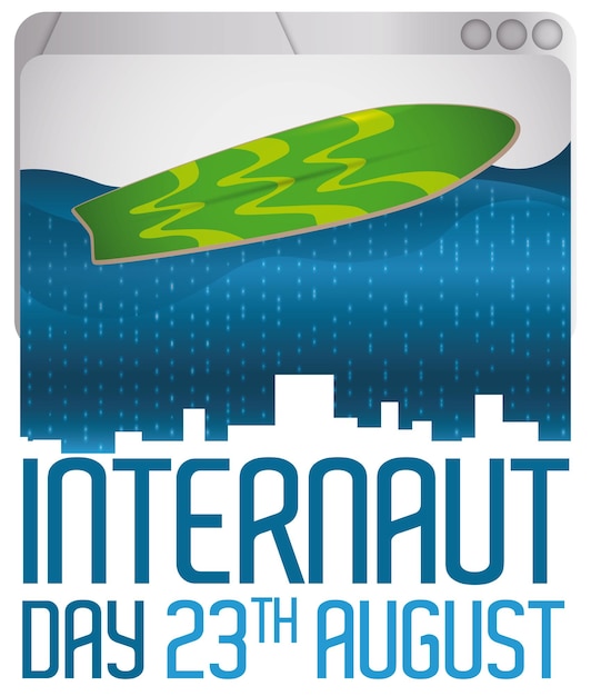 Digital ocean view with binary code and a surfboard crossing it for the Internaut Day in August 23