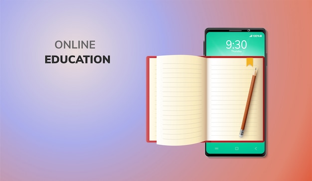 Digital online education internet and blank space on phone, mobile website background. social distance concept. decor by lecture book pencil.  illustration