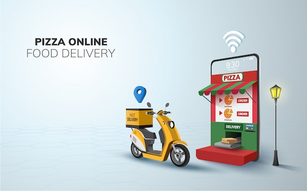 Consegna online della pizza dell'alimento di digital sul motorino con il telefono, fondo mobile del sito web. illustrazione. copia spazio