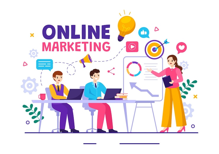 Vector digital online marketing vector illustration with business analysis and management in background