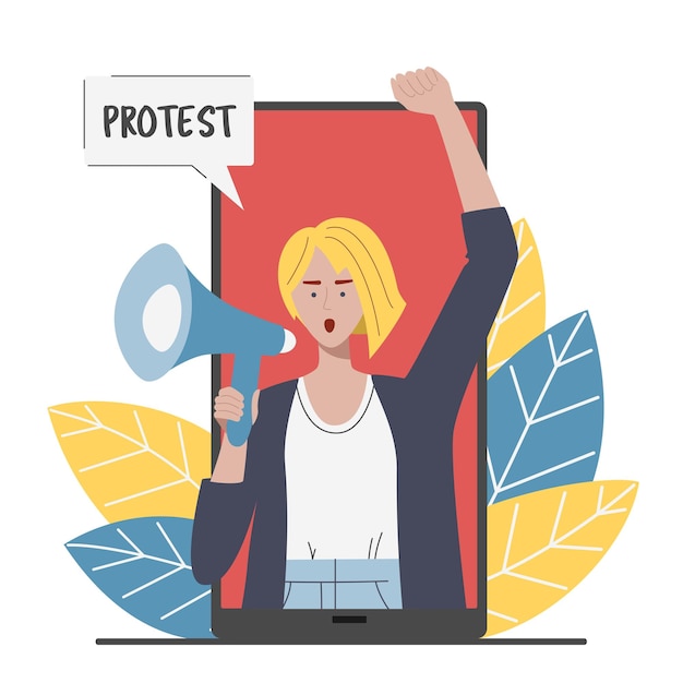 Digital Online Protest Concept Woman on Huge Smartphone Screen shouting through megaphone