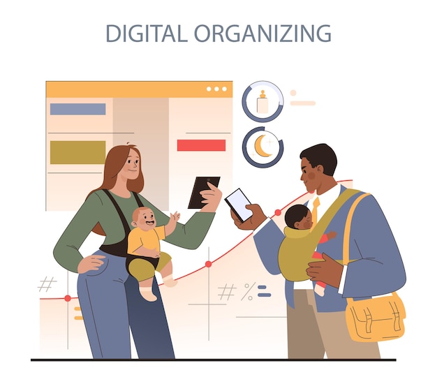 Vector digital organizing concept family synchronizes schedules and tasks efficiently with technology