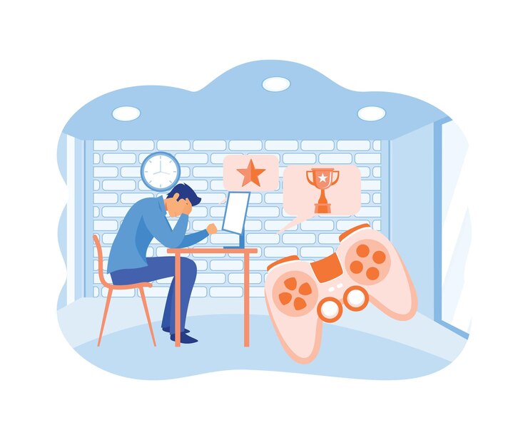 Vector digital overload screen liking and addiction social media gaming disorder video game addict flat vector modern illustration