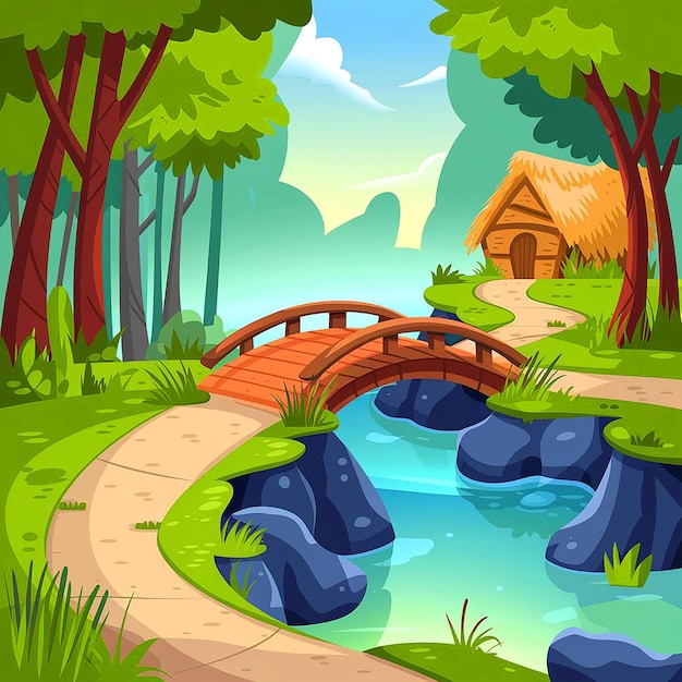 a digital painting of a cabin with a bridge and trees