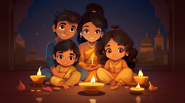 Vector a digital painting of children sitting in front of a burning candle