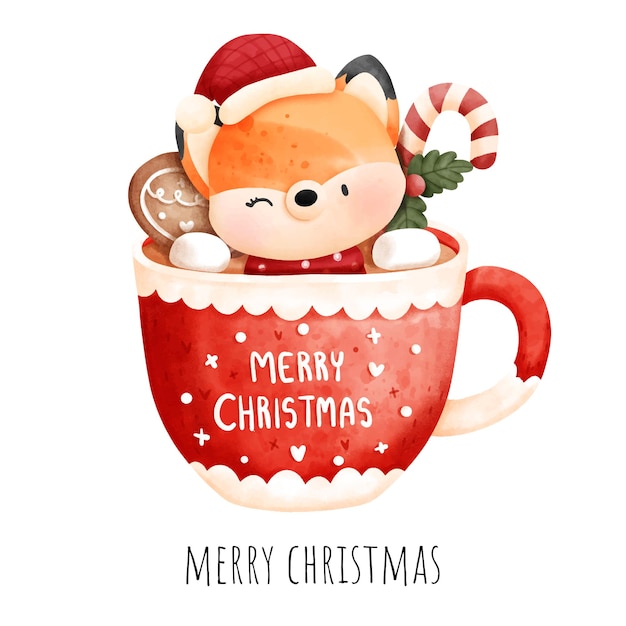 Digital painting Christmas fox in Christmas mug isolated on white background