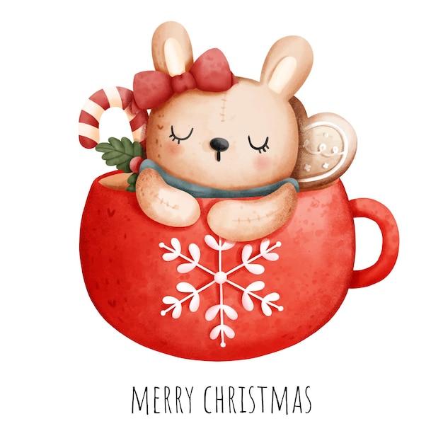 Digital painting Christmas rabbit in Christmas mug isolated on white background