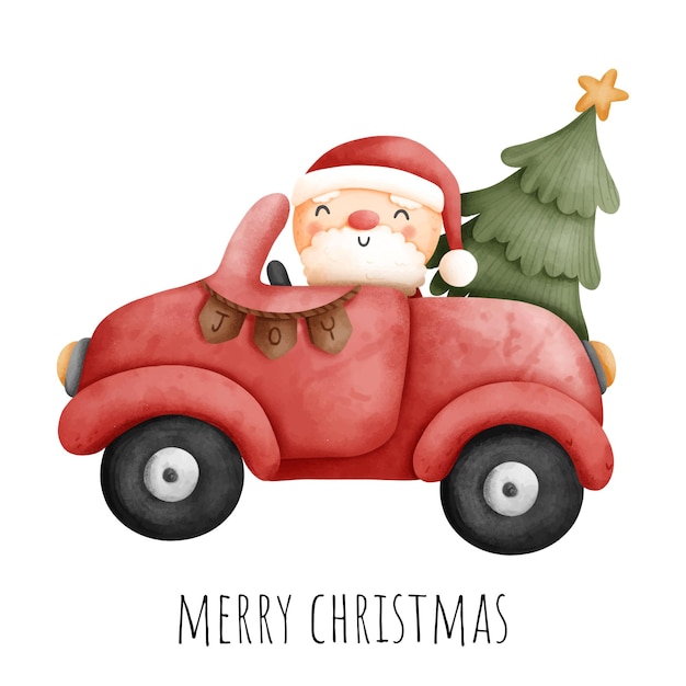 Digital painting Christmas Santa in the car isolated on white background