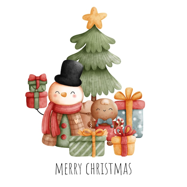 Digital painting, Christmas snowman and gingerbread isolated on white background