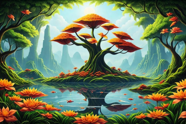 Vettore pittura digitale un paesaggio fantastico con un albero fantastico una scena fantastica pittura digitale