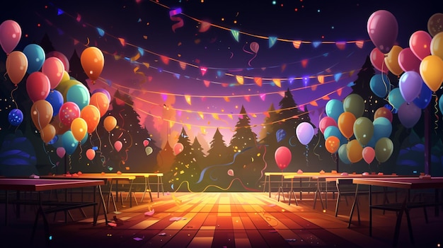a digital painting of a forest with colorful balloons and a place for a party