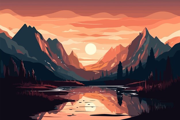 Vector a digital painting of a mountain lake with a full moon in the background.