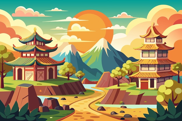 a digital painting of a mountain landscape with a mountain landscape and mountains in the background