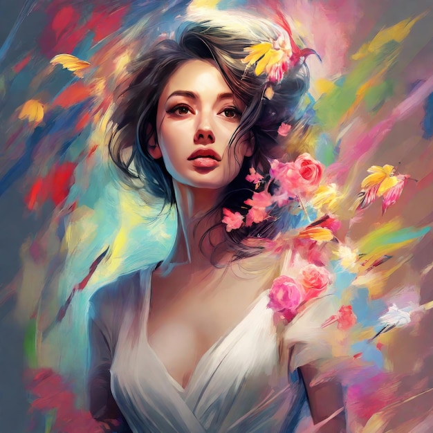 Вектор Цифровая картина красивой женщины с цветами в саду цифровая картина красивого во