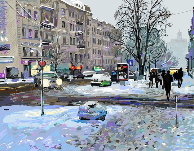 벡터 겨울 키예프 도시 풍경 우크라이나 진창과 눈 날씨의 디지털 그림