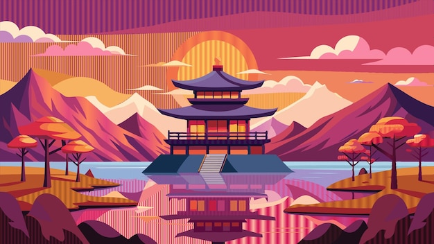 a digital painting of a pagoda with mountains and mountains in the background