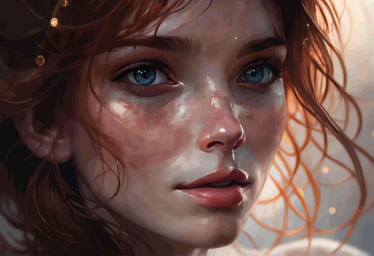 Vector digital painting portrait of young beautiful woman with red hairdigital painting portrait of young