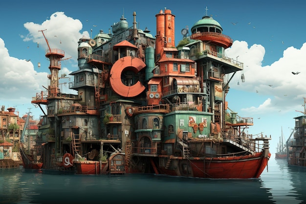 Vettore pittura digitale della città post-apocalittica steampunk illustrazione