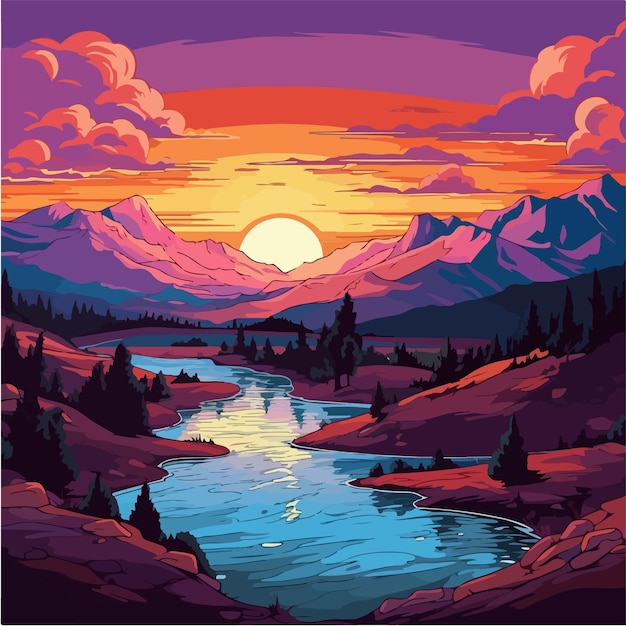 Vector a digital painting of a river with mountains and a sunset.