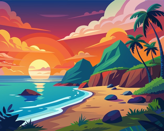 a digital painting of a sunset with a beach scene and mountains in the background